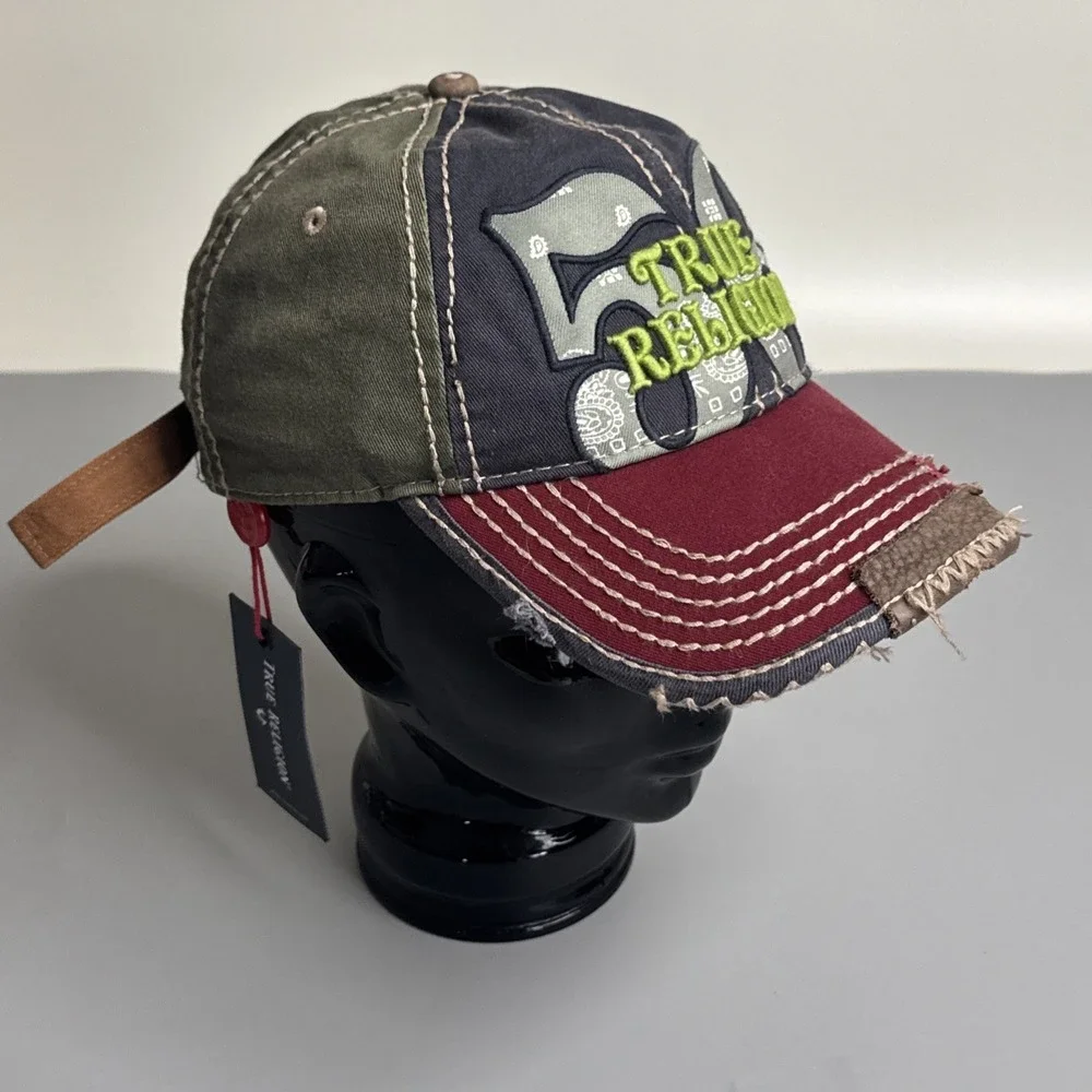 True Religion Bandana 56 Buddha Distressed Embroidered Baseball Hat Cap